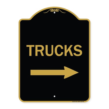 Trucks Sign Trucks With Right Arrow, Black & Gold Aluminum Architectural Sign